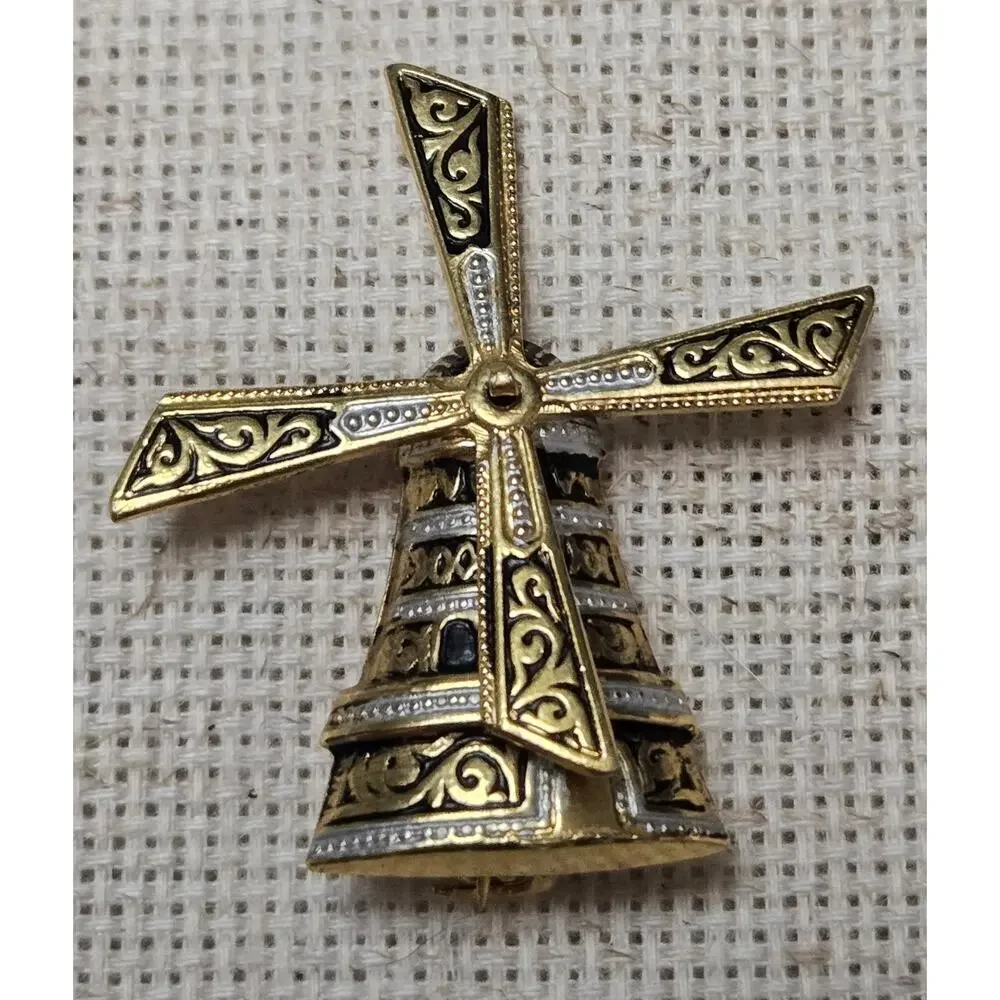Vintage Spain Damascene Windmill Brooch Spins
